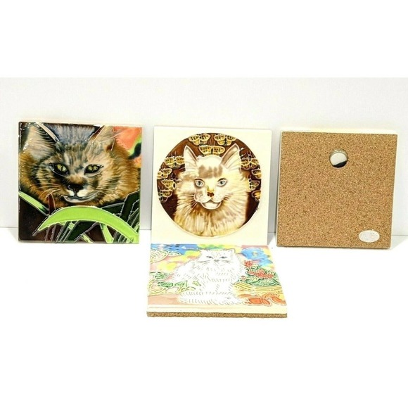 Cat Feline Coasters Art Tiles Set of 4 Cork Backed 4 x 4" - Picture 6 of 7